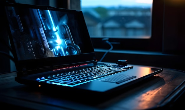 Foto una computadora portátil con una pantalla iluminada que dice razer blade.