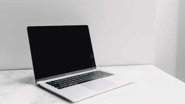 Una computadora portátil con una pantalla negra está sobre una mesa blanca.