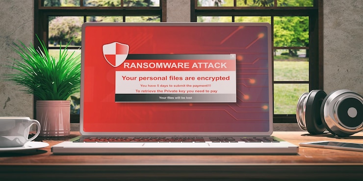Foto computadora portátil con pantalla de ransomware en el escritorio de madera en casa hermosa naturaleza borrosa fondo 3d ilustración
