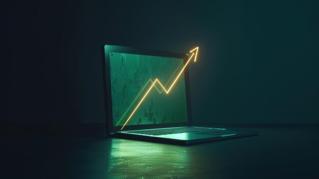 Una computadora portátil con una pantalla verde y una flecha verde apuntando hacia arriba