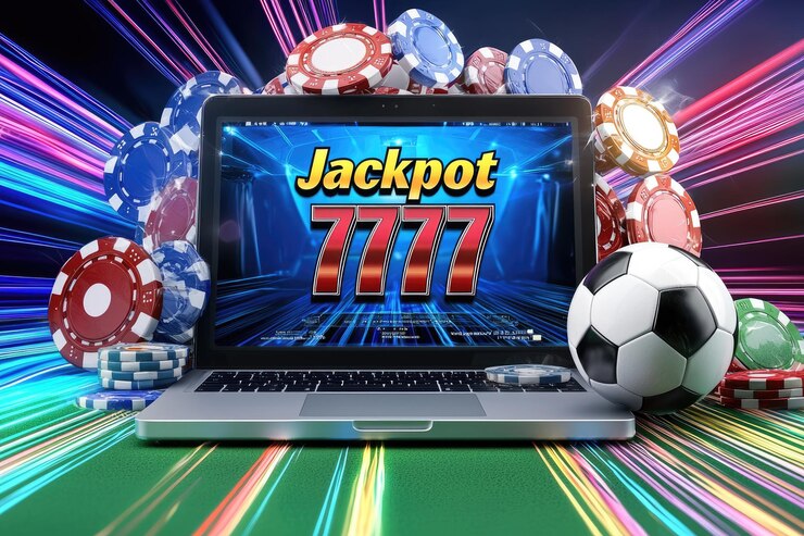 Una computadora portátil y una pelota de fútbol y fichas que muestran el estandarte de apuestas deportivas en línea Jackpot 777