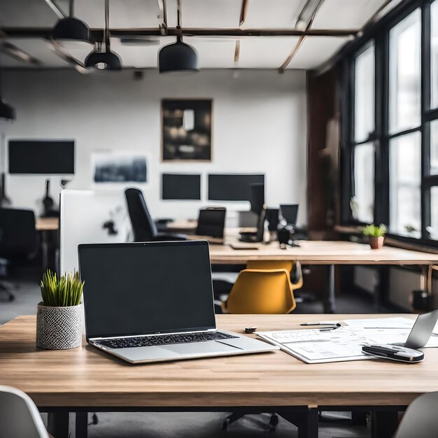 Computadora portátil de pie en un escritorio de madera en el espacio de trabajo con diferentes dispositivos cercanos No hay personas en el