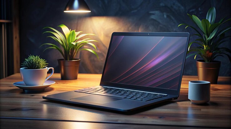 una computadora portátil con una planta en el fondo