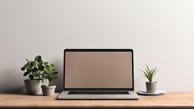 una computadora portátil con una planta en la mesa