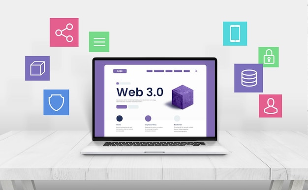 Computadora portátil con presentación Web 30 rodeada de íconos que representan características de Web 3