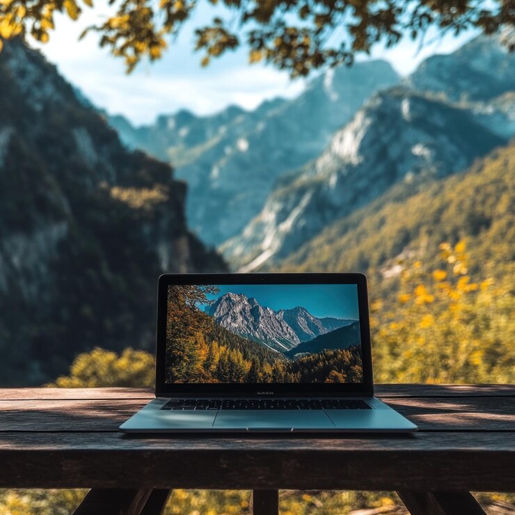 una computadora portátil que está en una mesa con una montaña en el fondo