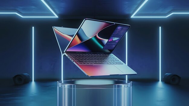 una computadora portátil que está en un pedestal con una pantalla que dice "computadora portátil"