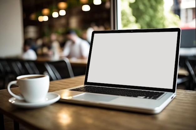 Computadora portátil que muestra una pantalla de maqueta blanca vacía en blanco en un restaurante de cafetería AI generativa