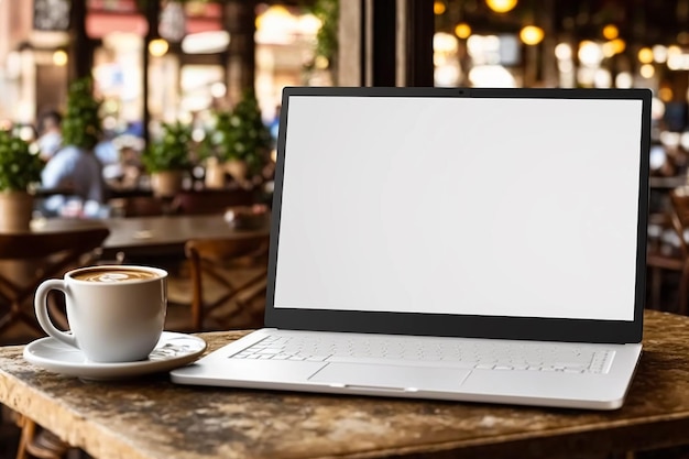 Computadora portátil que muestra una pantalla de maqueta blanca vacía en blanco en un restaurante de cafetería AI generativa