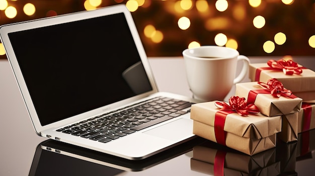 Computadora portátil con regalos de Navidad, pantalla vacía, envío festivo en línea