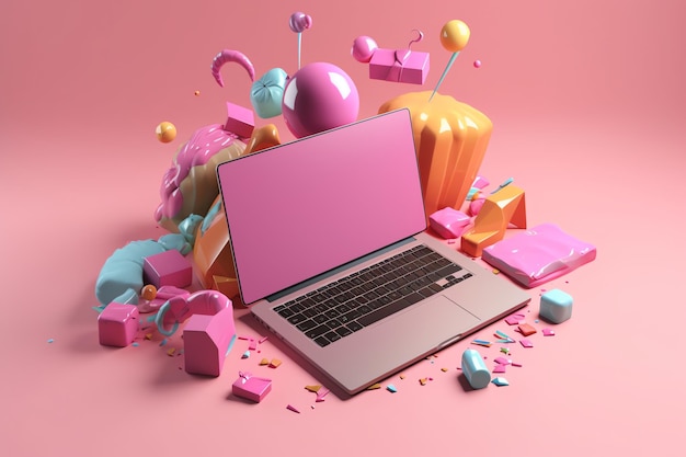 Una computadora portátil rosa está rodeada de otros objetos y un montón de dulces.