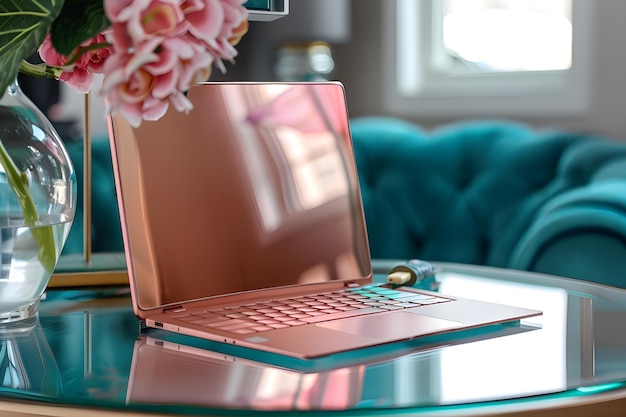 una computadora portátil rosa con un teclado rosa en una mesa