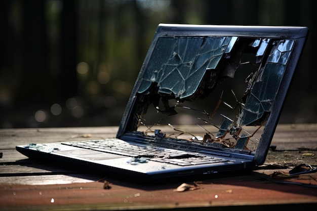 Foto una computadora portátil rota en una mesa de madera