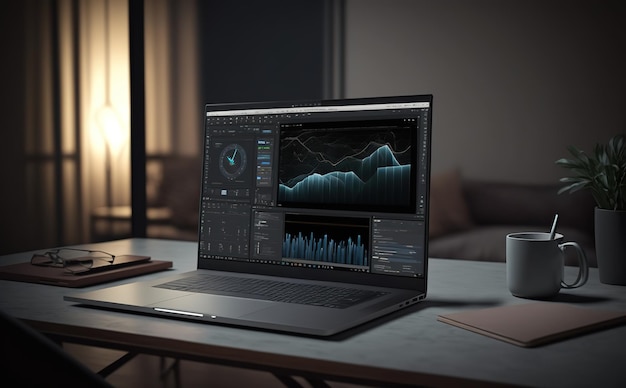 una computadora portátil en una sala de oficina profesional con una pantalla que muestra el gráfico