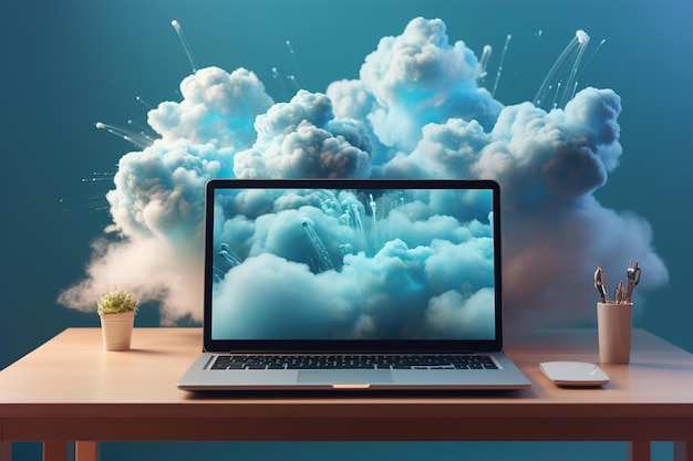 Una computadora portátil sentada en la parte superior de un escritorio de madera Nubes en la pantalla Nubes alrededor de la laptop