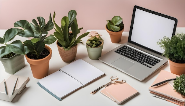 una computadora portátil se sienta en un escritorio con plantas en maceta y una computadora portable