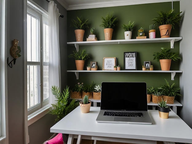 Foto una computadora portátil se sienta en un estante con plantas y un letrero que dice mamá