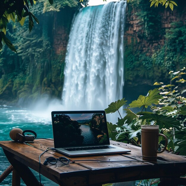 Foto una computadora portátil se sienta en una mesa junto a una cascada