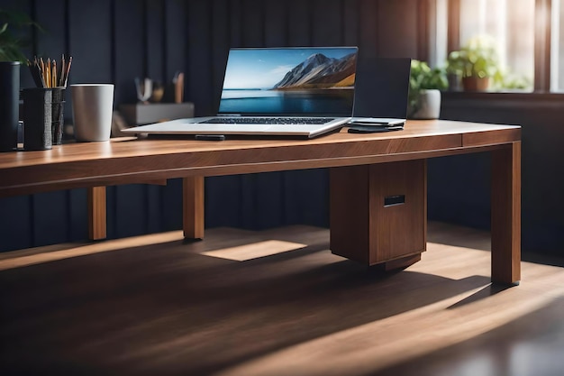 Una computadora portátil se sienta en una mesa de madera con una ventana en el fondo.