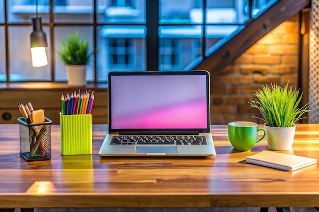 una computadora portátil se sienta en una mesa con una taza verde a su lado