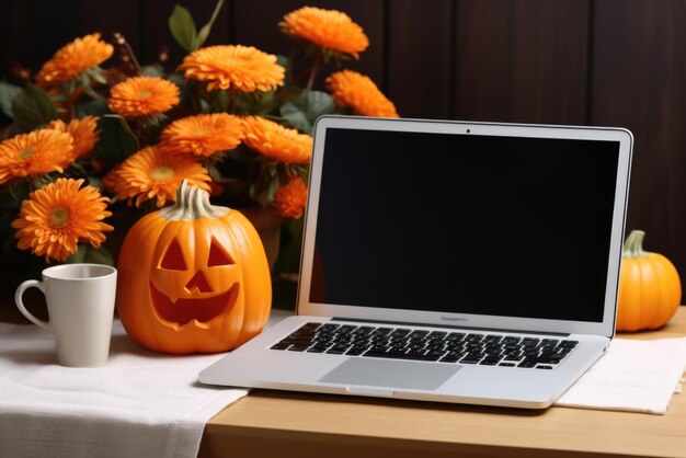 Foto computadora portátil simula una pantalla en blanco sobre fondo de acción de gracias de halloween