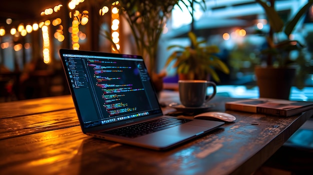 Computadora portátil sobre la mesa con editor de código abierto Fondo de tecnología de estilo de programación