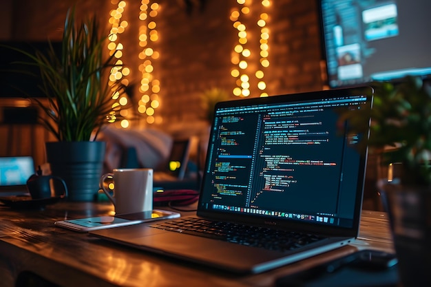 Computadora portátil sobre la mesa con editor de código abierto Fondo de tecnología de estilo de programación
