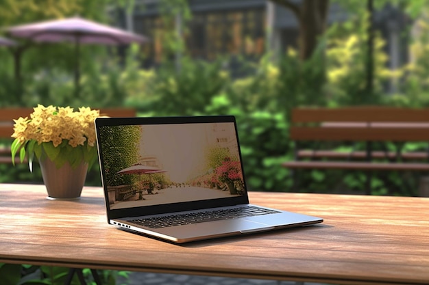 Computadora portátil sobre una mesa de madera en una cafetería al aire libre 3d render