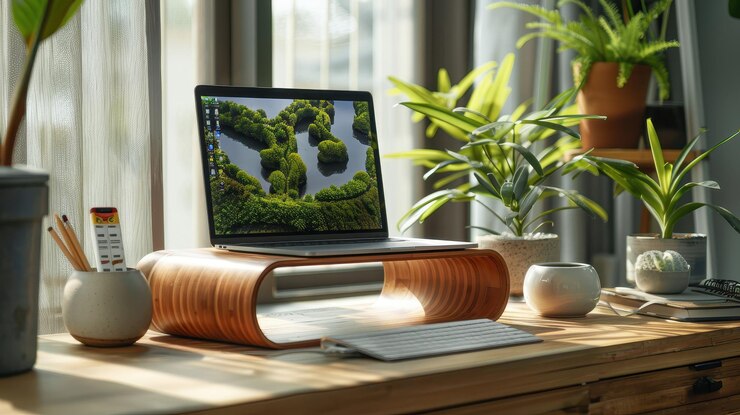 Una computadora portátil en un soporte de madera rodeada de plantas en un espacio de trabajo moderno y brillante