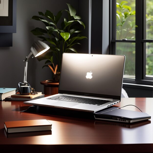 Una computadora portátil su pantalla brillando en la oscuridad descansando en una mesa de madera rodeada de libros