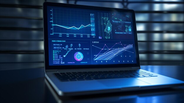 Computadora portátil y tablero de control para el análisis de datos documento negocio hombre 3D