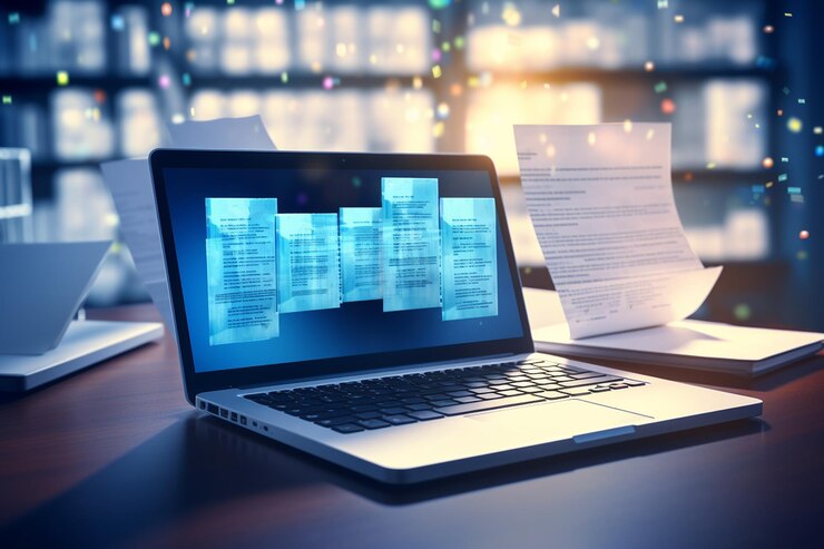 Foto computadora portátil y tablero para la gestión de documentos de datos ia generativa