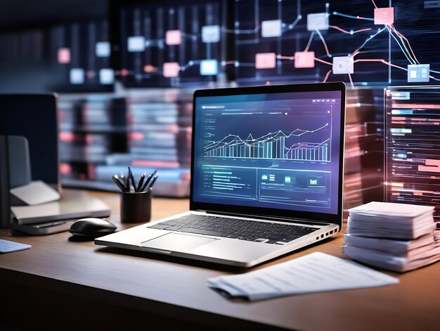 Foto computadora portátil y tablero de instrumentos para documentos de datos gestión de la ia generada