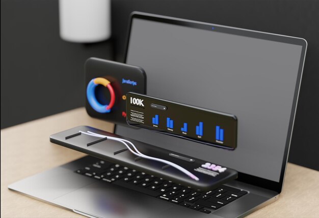computadora portátil tablero de mando 3D plantilla de administración análisis de datos de IA fondo negro elegante