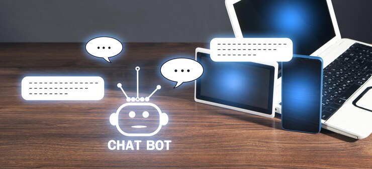 Foto computadora portátil con tableta para teléfono inteligente con aplicación chat bot para información en línea concepto de inteligencia artificial