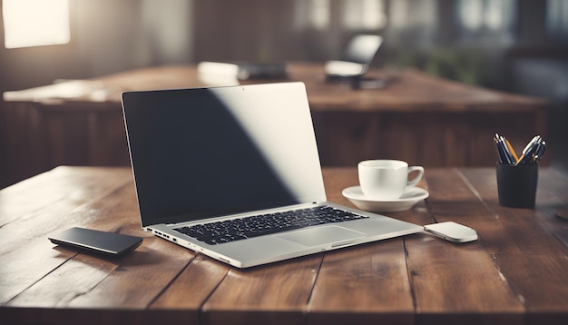 una computadora portátil con una taza de café y una copa de café en una mesa de madera