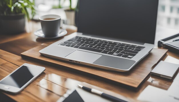 una computadora portátil con una taza de café y una copa de café en una mesa