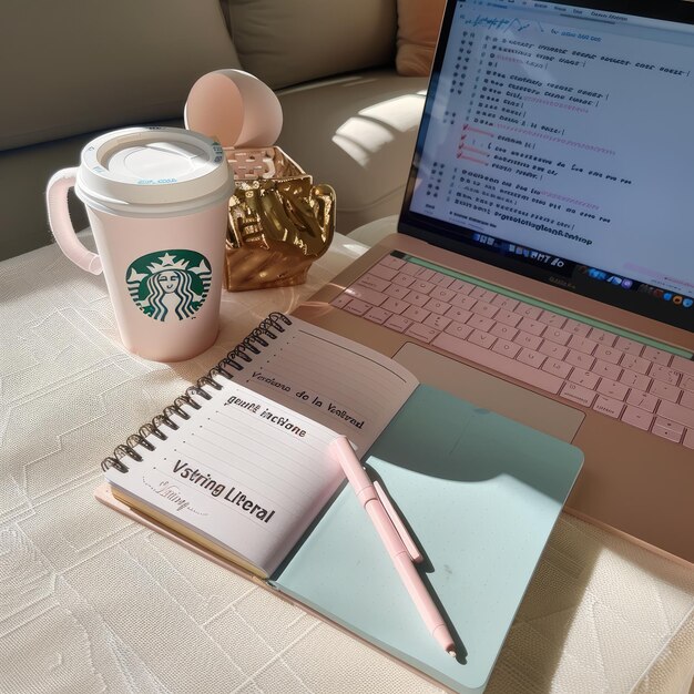 una computadora portátil con una taza de café y un cuaderno en la mesa