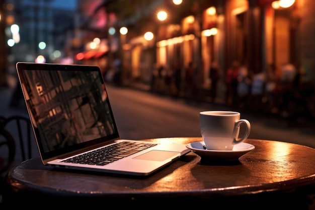 Computadora portátil y taza de café en la mesa de la cafetería contra la calle nocturna con luces brillantes Trabajo remoto en el lugar de trabajo independiente