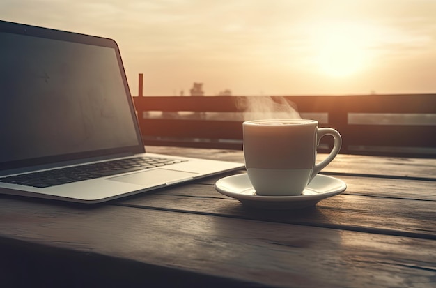 Una computadora portátil y una taza de café en una mesa frente a una puesta de sol