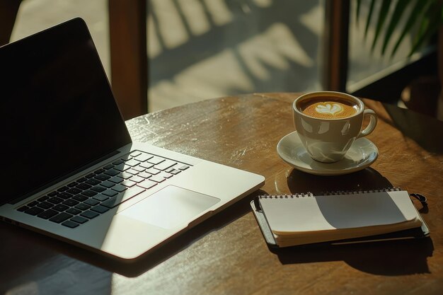 Una computadora portátil y una taza de café sentados en una mesa de madera