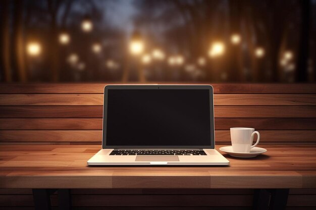 Foto una computadora portátil con una taza de café y una tazón de café en una mesa