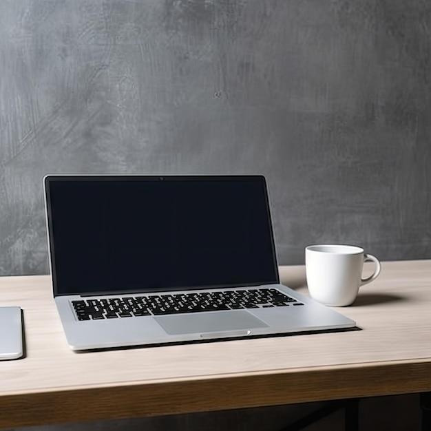 Una computadora portátil y una taza en un escritorio de madera con una pared gris detrás.