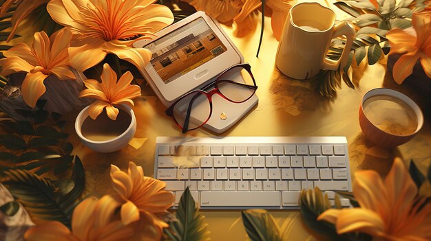Una computadora portátil y una taza en una mesa