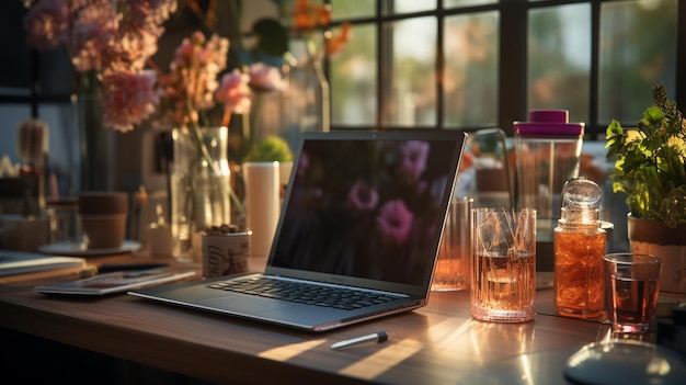 computadora portátil con una taza de té en una mesa generativa ai