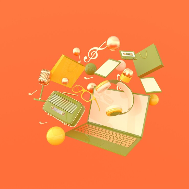 Foto computadora portátil, teléfono inteligente, bolsa de compras, gafas, micrófono, radio, auriculares representación 3d