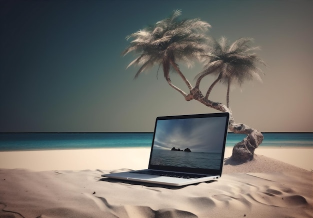 Computadora portátil tropical árbol vacaciones playa viaje palma verano concepto IA generativa