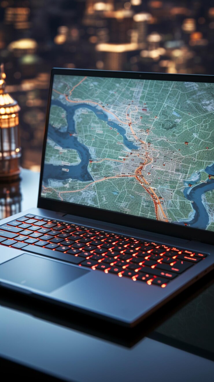 Foto computadora portátil de viaje conectada con concepto de gps con puntero de mapa en pantalla fondo de pantalla móvil vertical
