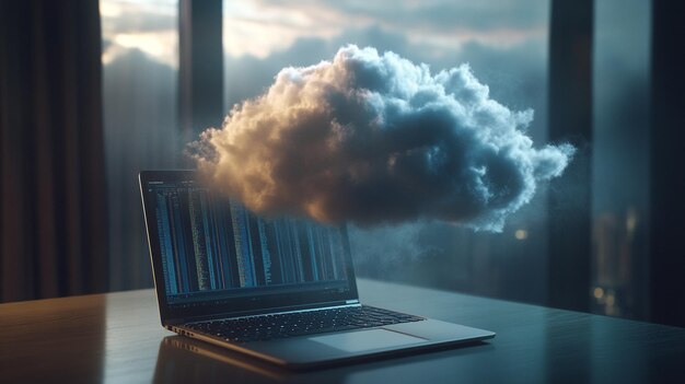 Una computadora portátil con visualización de datos de computación en la nube contra un cielo dramático al atardecer