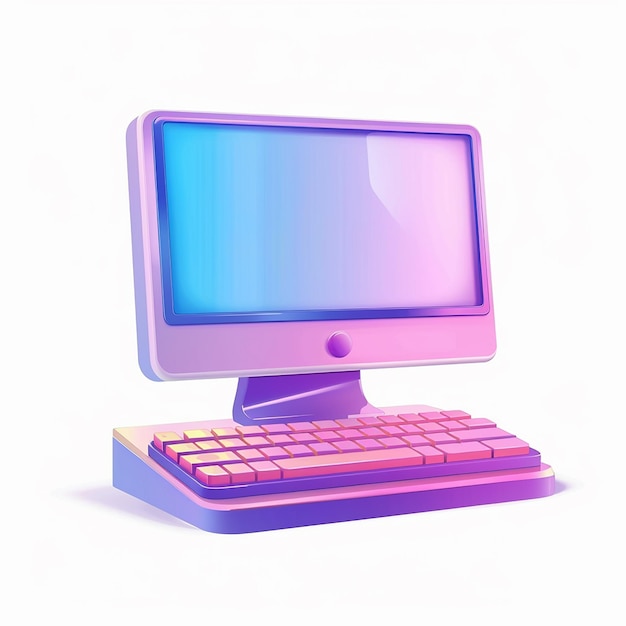 una computadora púrpura y rosa con un teclado púrpura en la parte inferior